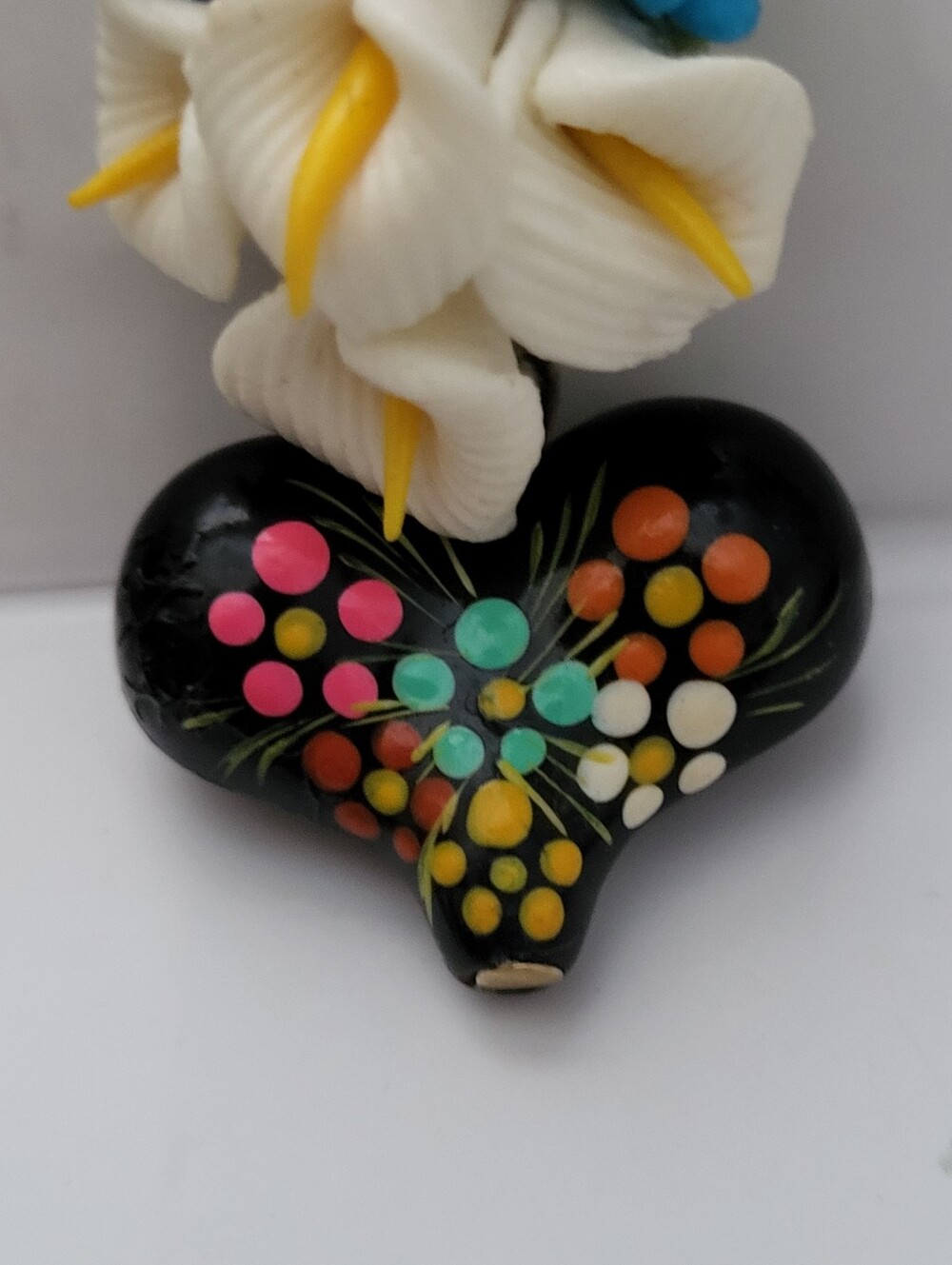 Mexican Handcrafted Polymer Clay Floral Heart Drop Earrings - Picture 2 of 6